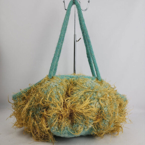 Hand knit Wool Aqua Eyelash Knit Satchel Purse - Picture 4 of 7